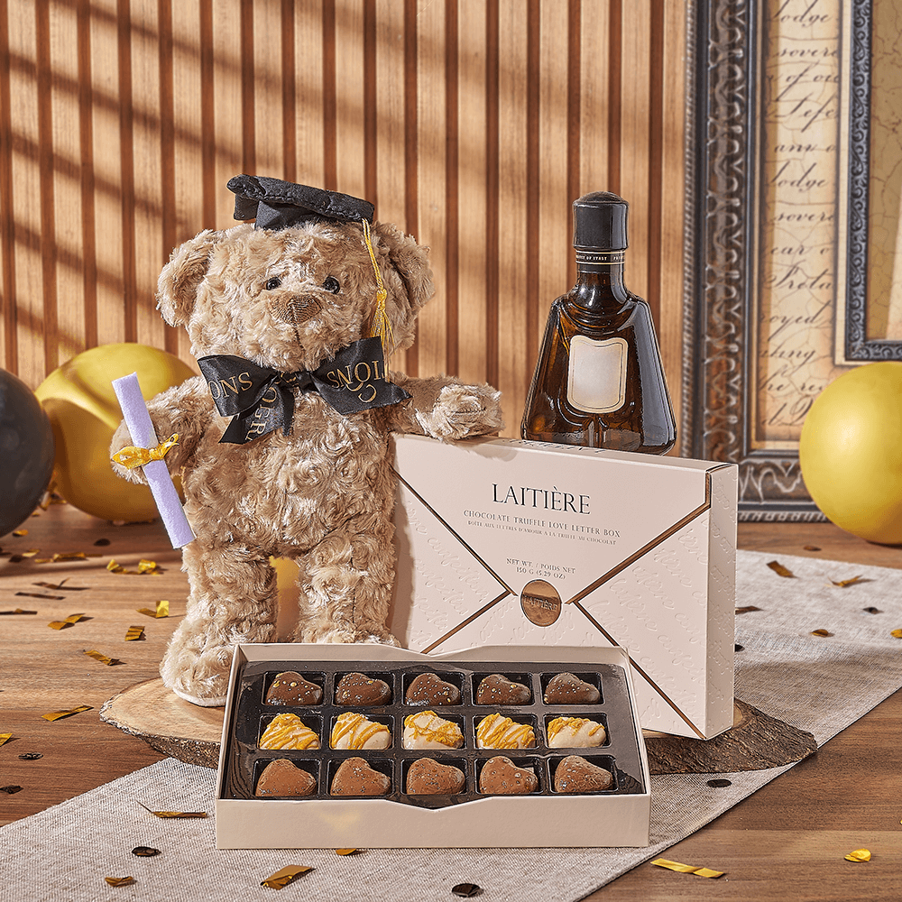 Spirits & Graduate Bear Gift, liquor gift, liquor, chocolate gift, chocolate, plush gift, plush, graduation gift, graduation, Toronto delivery