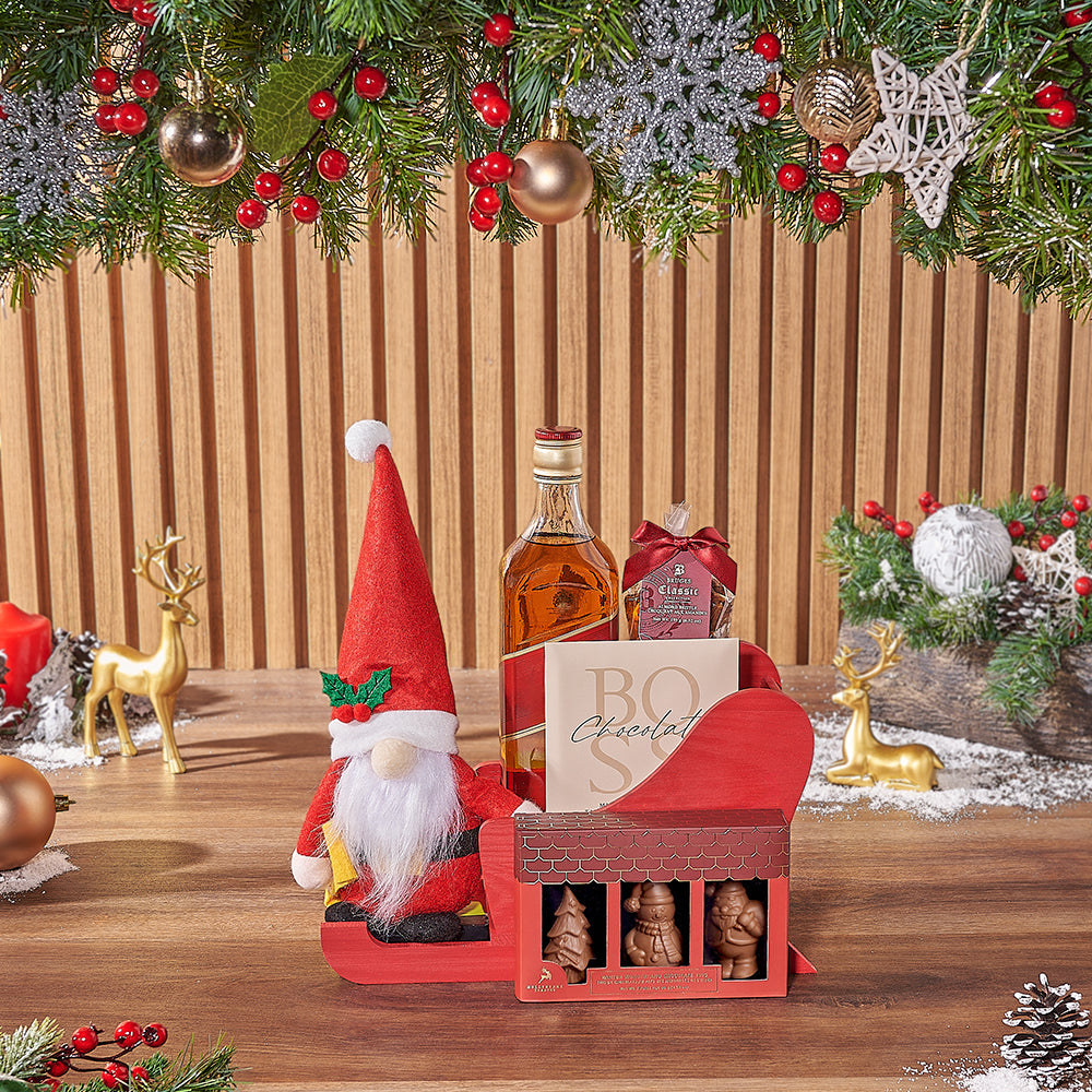 Holiday Red Wooden Sled Liquor Gift with Santa Plush and Gourmet Chocolates – how the gift is presented