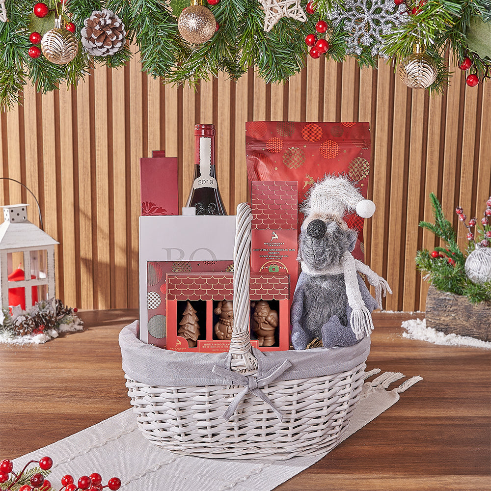 Holiday White Wicker Basket with Wine and Chocolate Treats – how the gift is presented