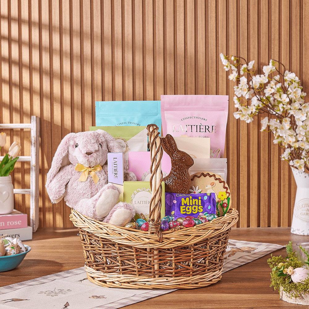 Premium Easter Plush Bunny Basket with Assorted Chocolates – how the gift is presented