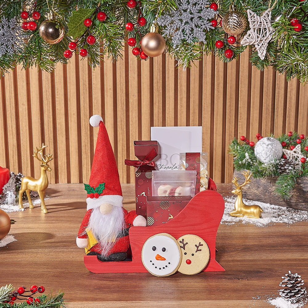 Holiday Sleigh-Shaped Wooden Basket with Assorted Chocolates – how the gift is presented