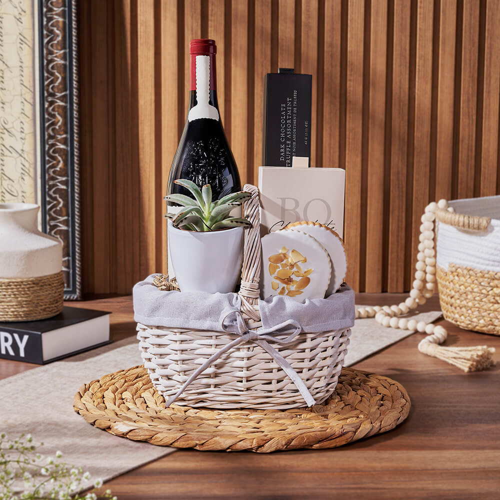 Sweet Succulent & Wine Gift Basket, wine gift, wine, chocolate gift, chocolate, plant gift, plant, Toronto delivery