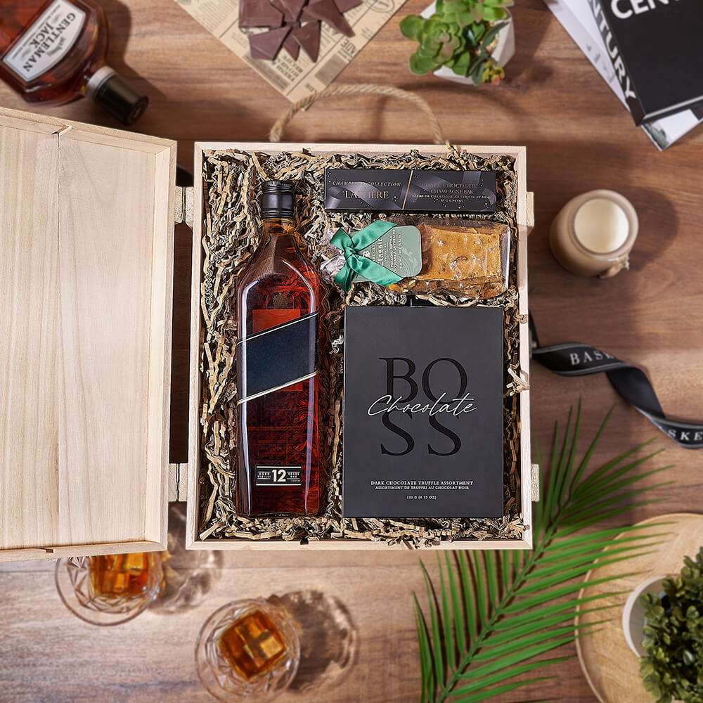 Whiskey and Boss Truffles Gift Basket – how the gift is presented
