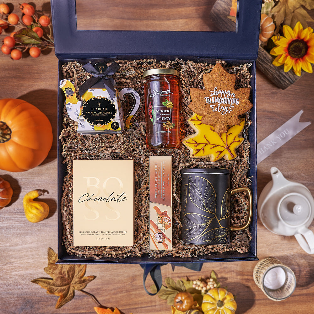 Festive Thanksgiving Gift Box with Chamomile Tea and Milk Truffles – how the gift is presented