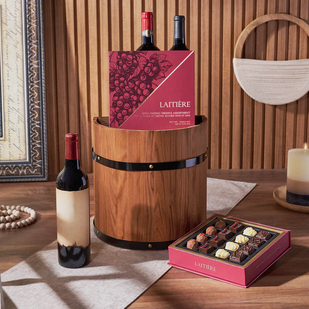 Half Barrel Wine and Chocolate Basket – how the gift is presented