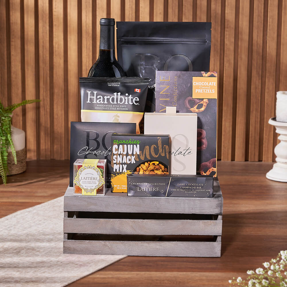 Wine and Assorted Chocolate Crate – how the gift is presented