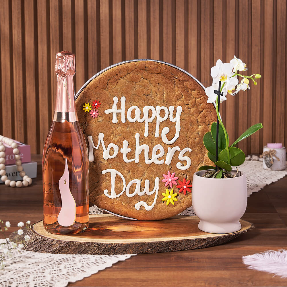 Mother's Day Sparkling Wine Gift with 5-in Phalaenopsis Orchid and Cookie – how the gift is presented