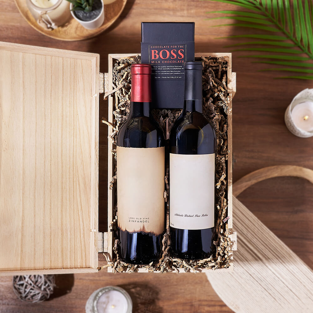 Wine Duo in Wooden Box – how the gift is presented