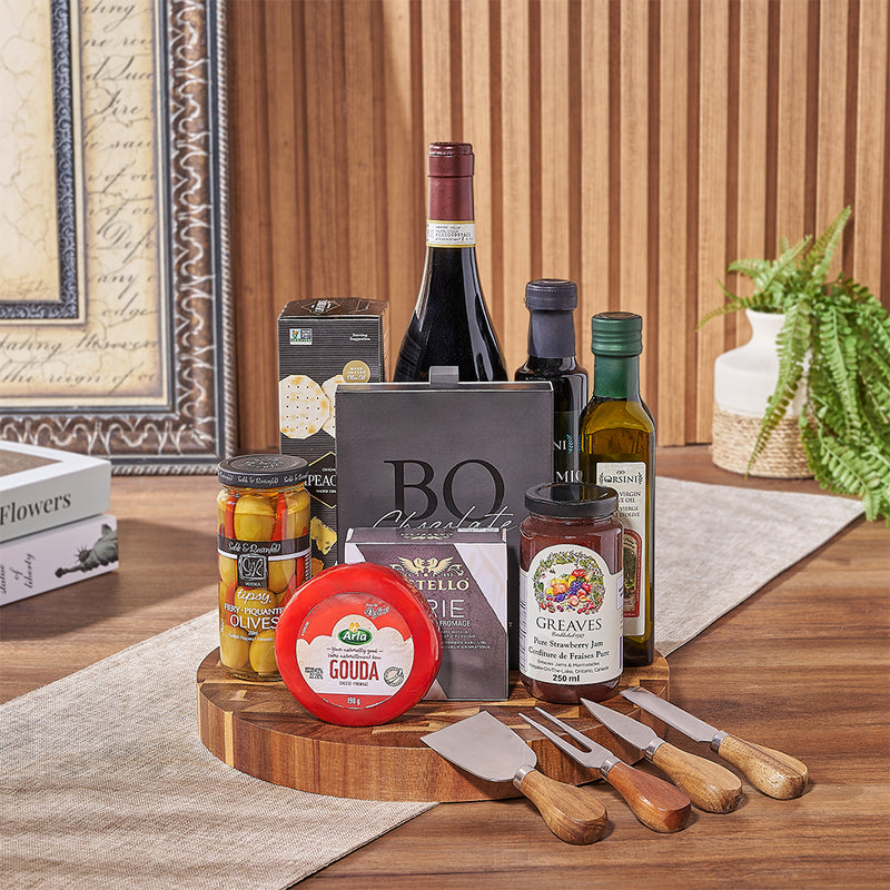 Wine & Cheeseboard Gift, wine gift, wine, chocolate gift, chocolate, cheese gift, cheese, charcuterie gift, charcuterie, Toronto delivery