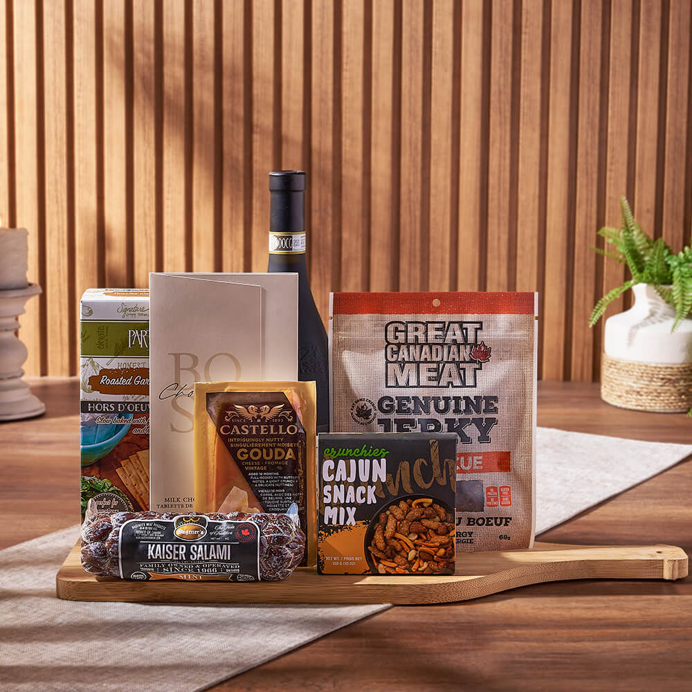 Wine & Cheesy Treats Platter, wine gift, wine, cheese gift, cheese, salami gift, salami, gourmet gift, gourmet, Toronto delivery