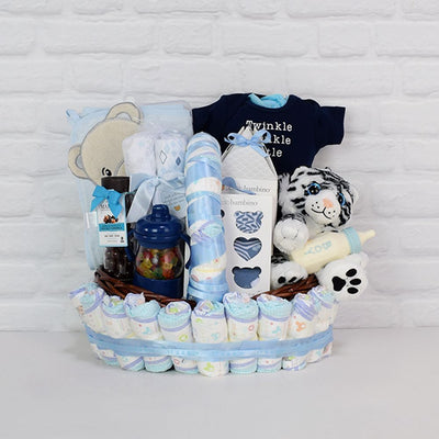 "Wonder Boy Baby Gift Basket" Baby Clothing Essentials with Tiger Plush Toronto Baskets - Toronto Delivery