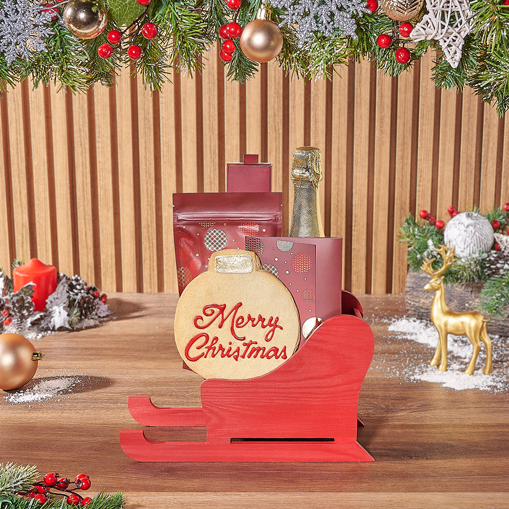 Winter Wonderland Sparkling Wine and Gourmet Gift Set in Red Wooden Sled – how the gift is presented