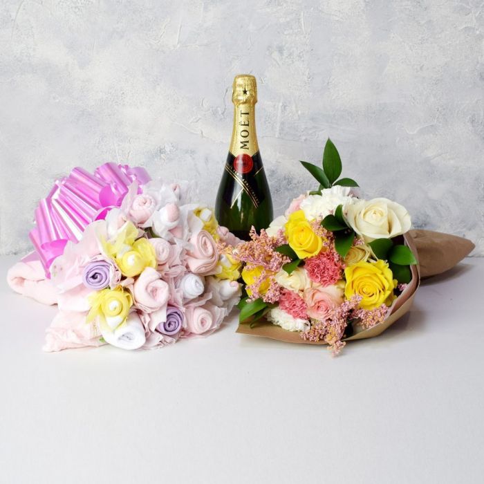 Baby Girl Bouquet Gift Set With Champagne from Toronto Baskets - Toronto Baskets Delivery
