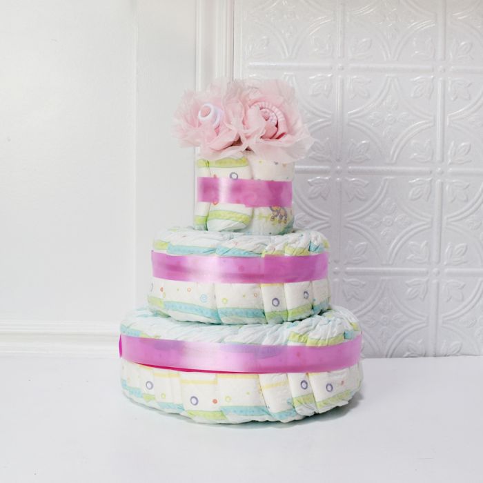 Pink Diaper Cake with Roses – gift basket with sock roses