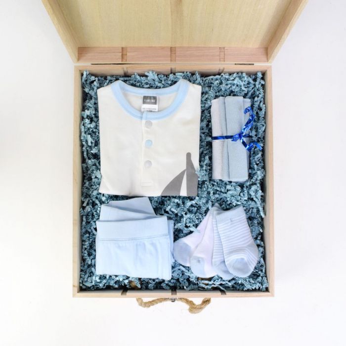 Baby Boy Arrival Crate Gift – gift basket with four slot box with lid, soft baby hues of blue and grey