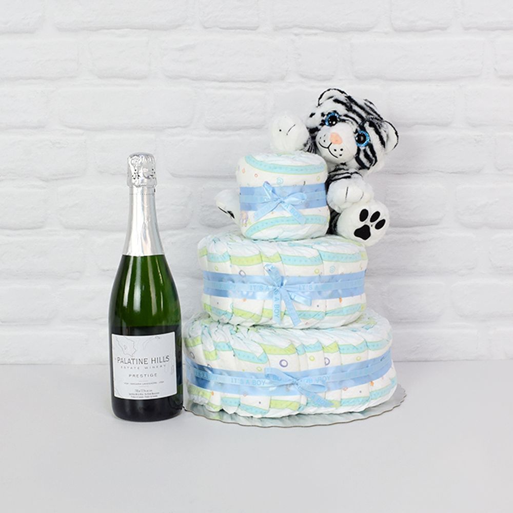 Diapers &amp; Plush Tiger Champagne Gift Set - Toronto Baskets - Toronto Baskets Delivery