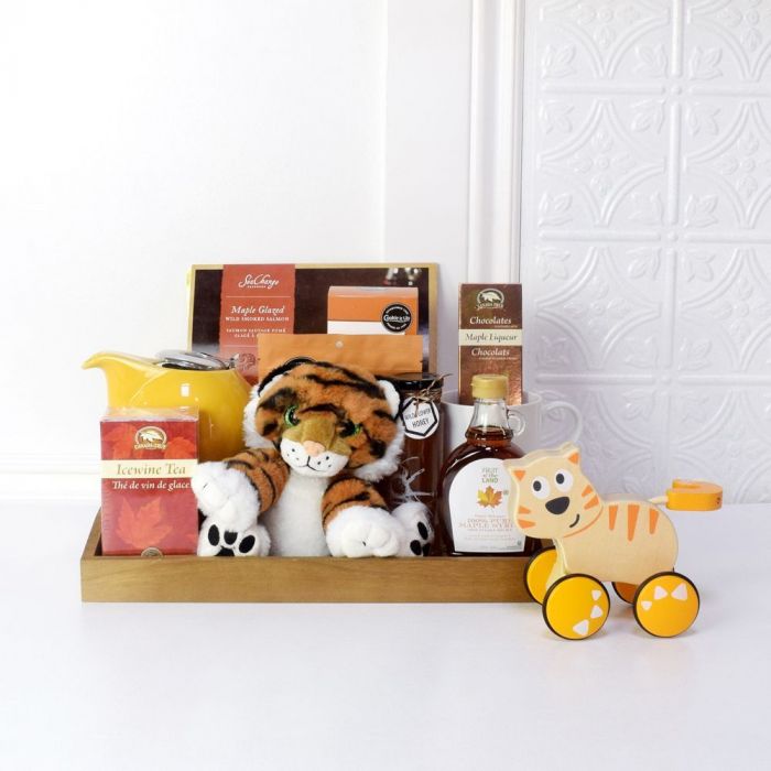 Baby Plush Toy Gift Basket – gift basket with hape dante push & go, perfectly plush floppy friends tiger and dark wood tray